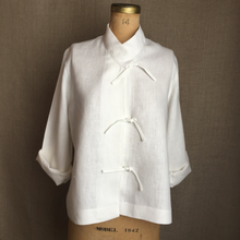 Load image into Gallery viewer, White cotton linen Chinese Mandarin Blouse, front-tie cotton linen shirt in white, roomy Asian -style linen shirt