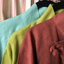 Load image into Gallery viewer, Available in these colors: Aqua, cilantro and brick, as shown; loose asymmetrical Asian style women’s shirt