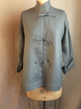 Load image into Gallery viewer, Cotton linen blouse, front-tie cotton linen shirt, gray cotton linen shirt
