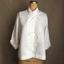 Load image into Gallery viewer, White cotton linen Chinese Mandarin Blouse, front-tie cotton linen shirt in white, roomy Asian -style linen shirt
